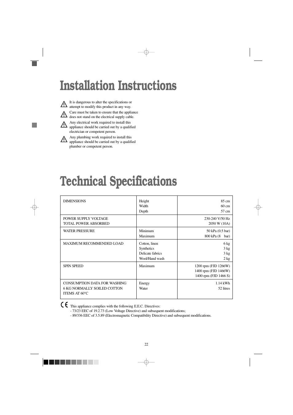 Installation instructions technical specifications | Zanussi FJD 1466 S User Manual | Page 22 / 27