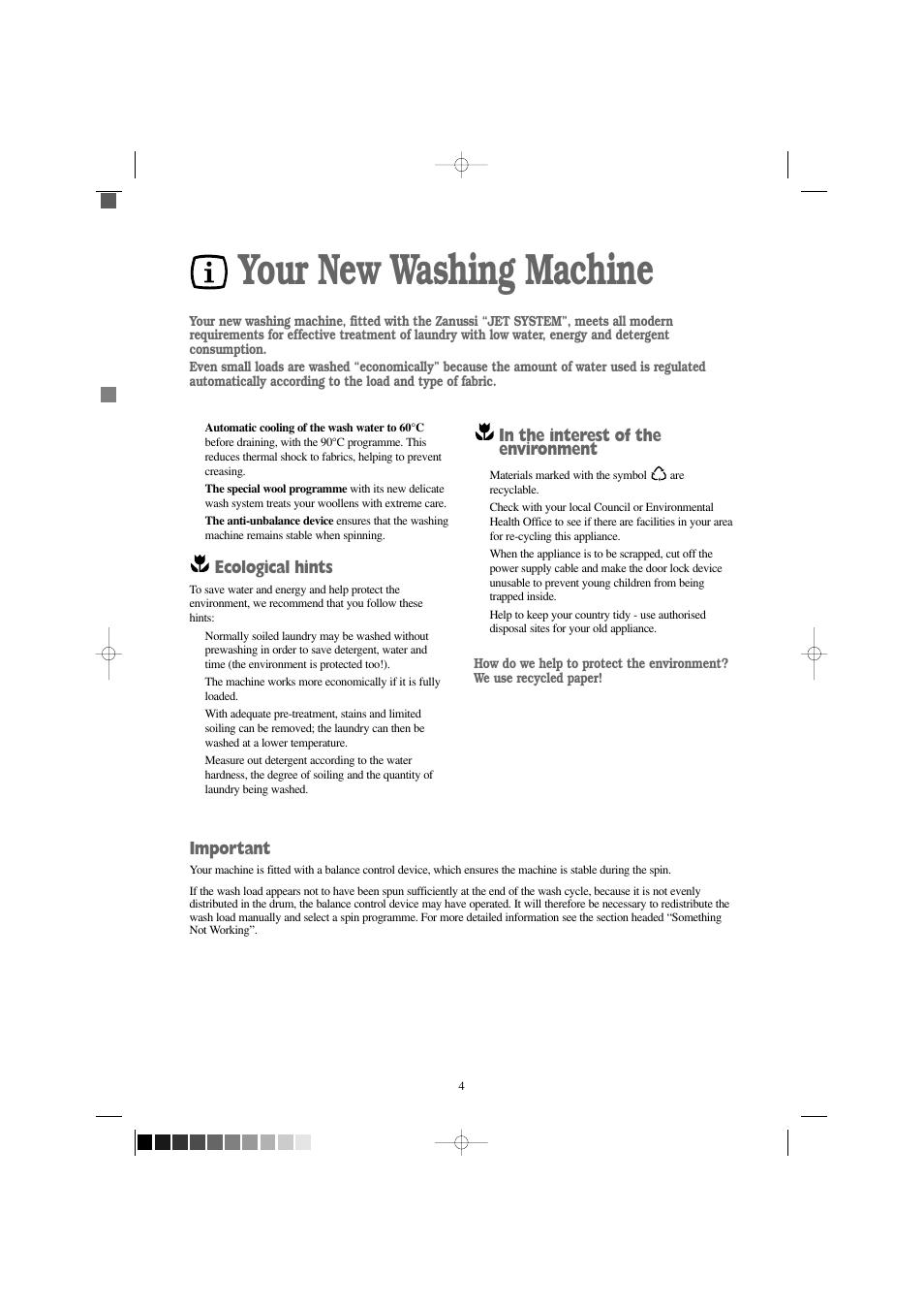 Your new washing machine, Ecological hints, Important | Zanussi FJD 1466 S User Manual | Page 4 / 27
