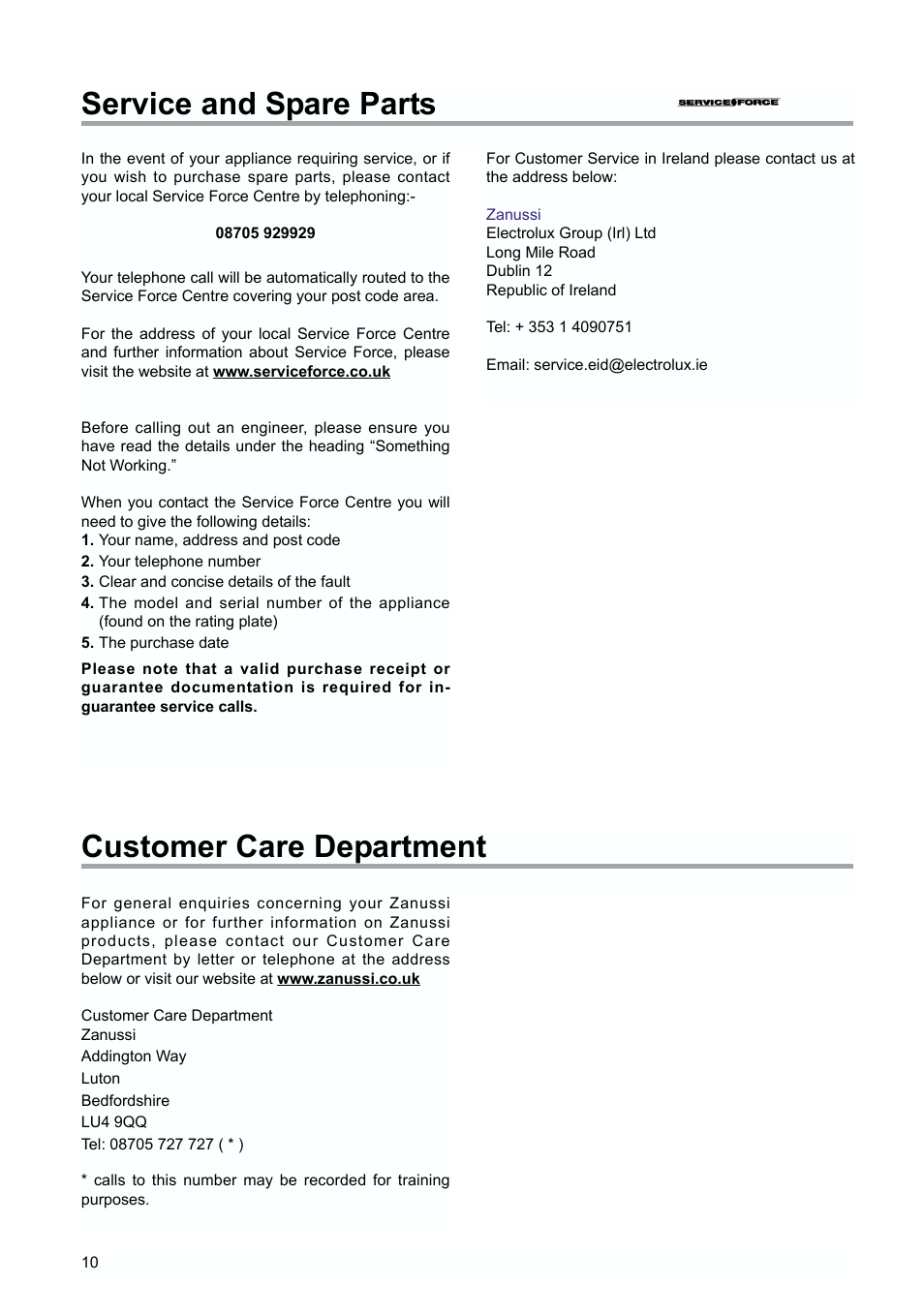 Service and spare parts, Customer care department | Zanussi ZUD 9124 A User Manual | Page 10 / 20