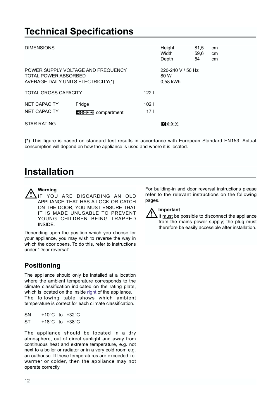 Technical specifications, Installation, Positioning | Zanussi ZUD 9124 A User Manual | Page 12 / 20