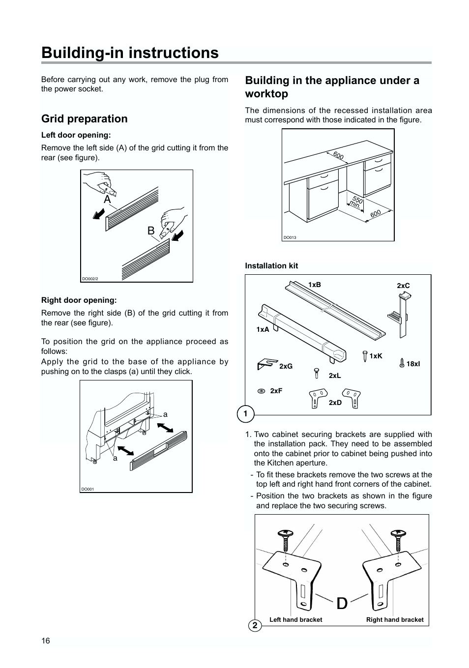 Building-in instructions, Grid preparation, Building in the appliance under a worktop | Zanussi ZUD 9124 A User Manual | Page 16 / 20