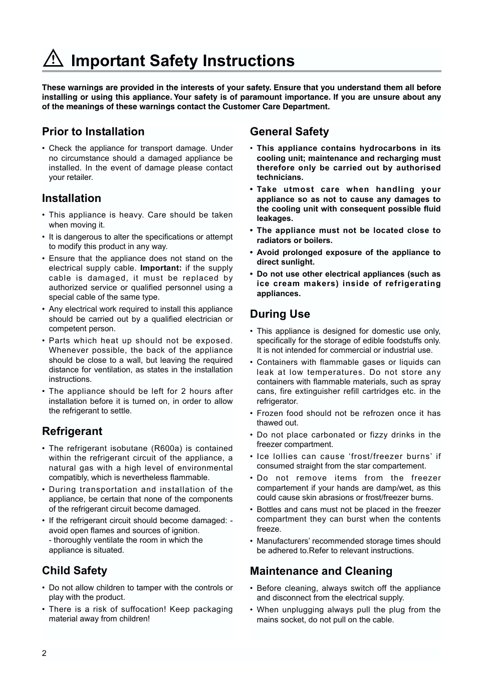 Important safety instructions, General safety, During use | Maintenance and cleaning, Prior to installation, Installation, Refrigerant, Child safety | Zanussi ZUD 9124 A User Manual | Page 2 / 20