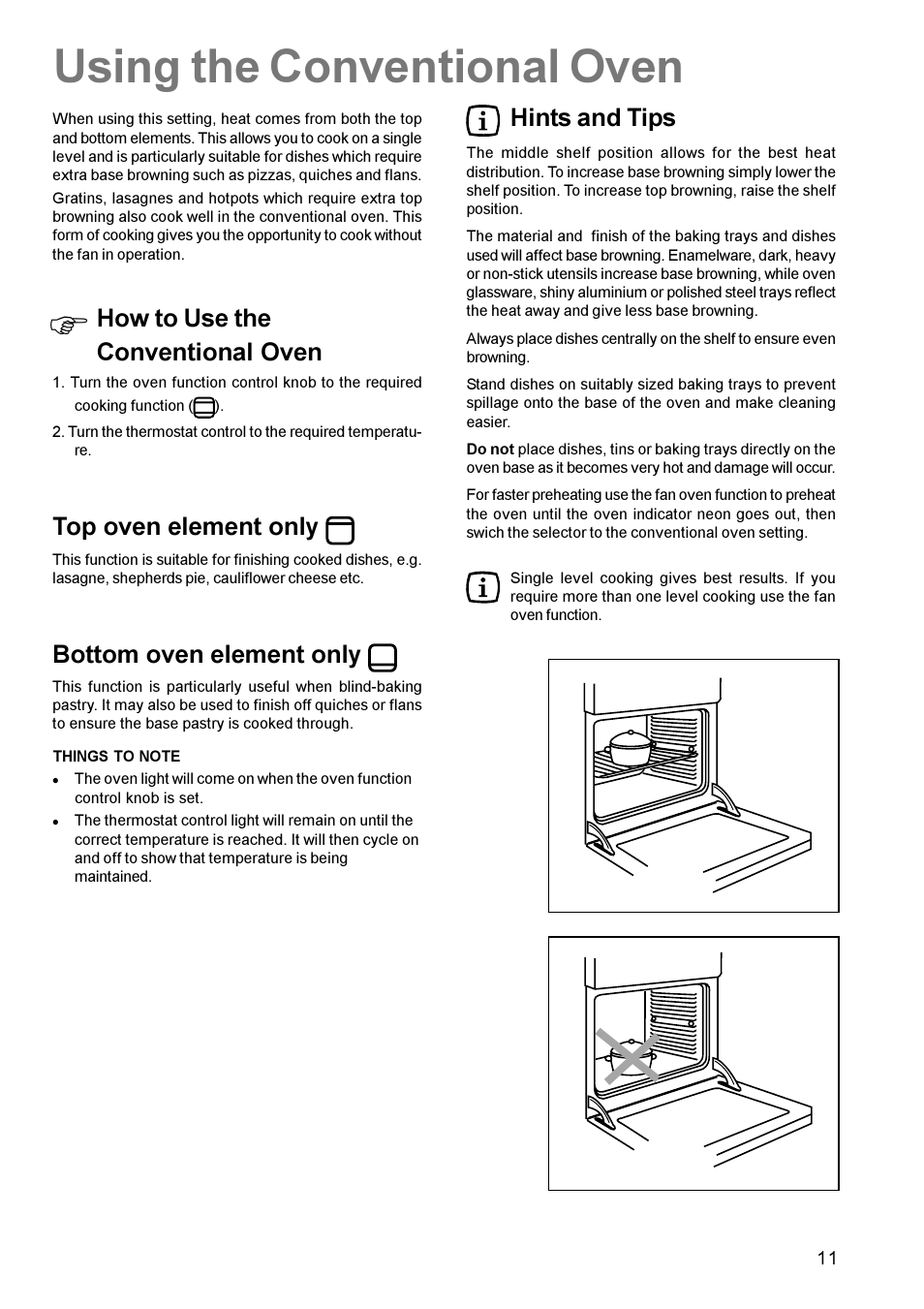 Using the conventional oven, How to use the conventional oven, Top oven element only | Bottom oven element only, Hints and tips | Zanussi ZCE 631 User Manual | Page 11 / 24