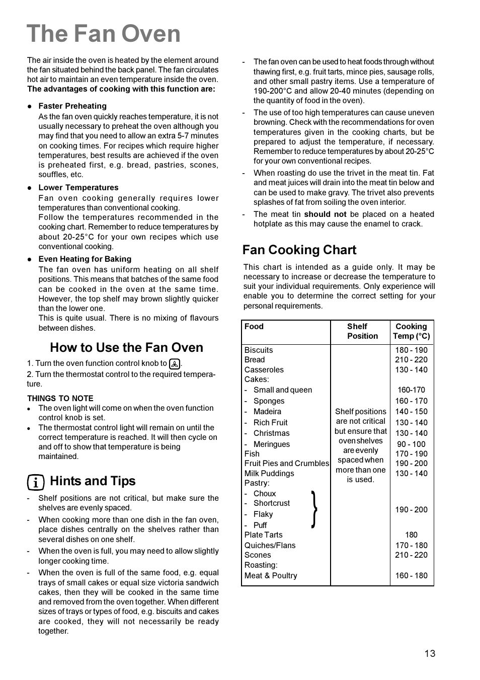 The fan oven, How to use the fan oven, Hints and tips | Fan cooking chart | Zanussi ZCE 631 User Manual | Page 13 / 24