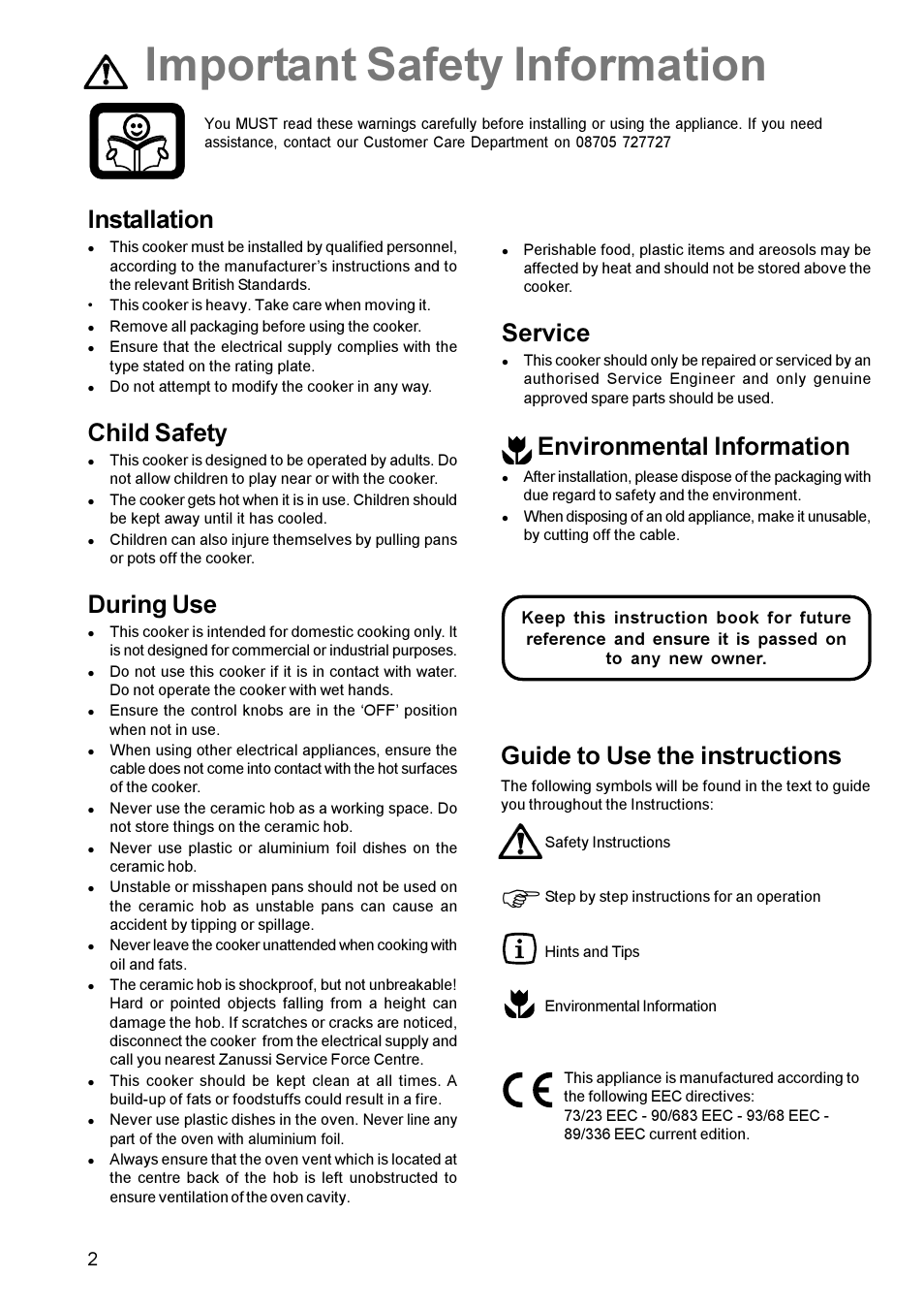 Important safety information, Installation, Child safety | During use, Service, Environmental information, Guide to use the instructions | Zanussi ZCE 631 User Manual | Page 2 / 24
