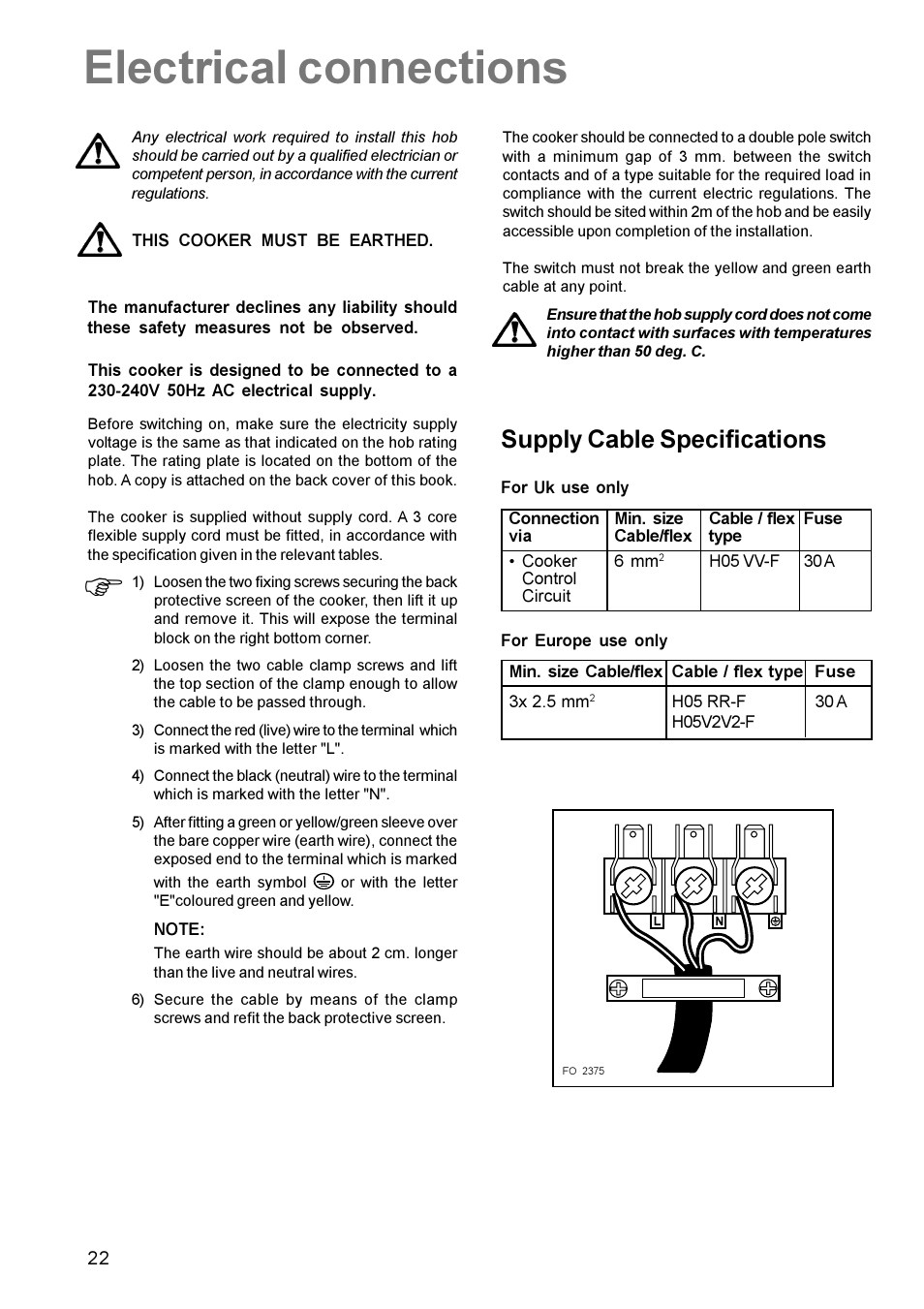 Electrical connections, Supply cable specifications | Zanussi ZCE 631 User Manual | Page 22 / 24