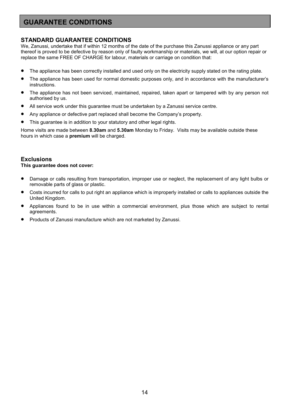 Guarantee conditions | Zanussi ZCM 1000X User Manual | Page 14 / 24