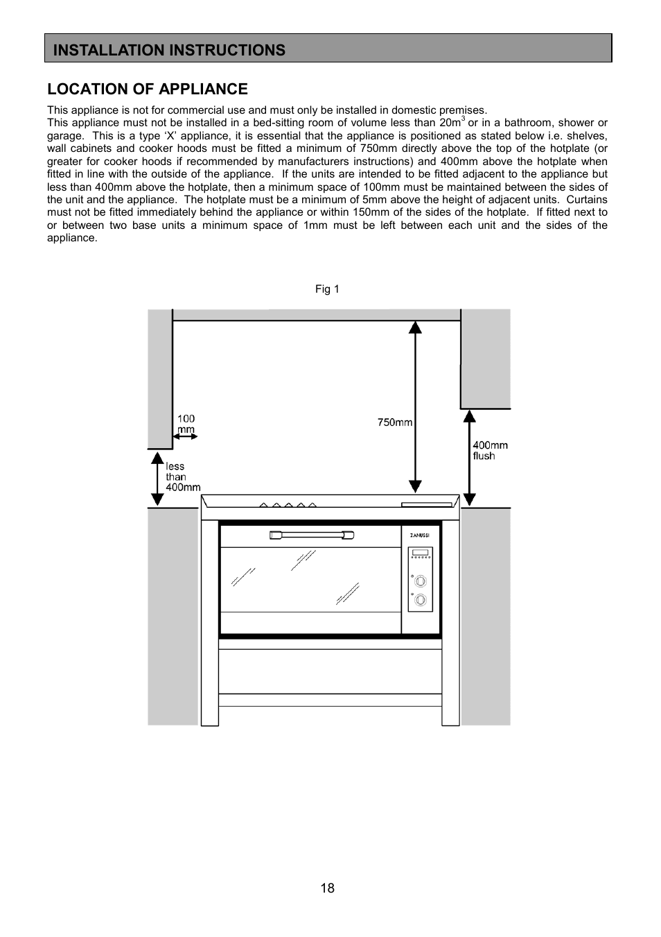 Location of appliance, Installation instructions | Zanussi ZCM 1000X User Manual | Page 18 / 24