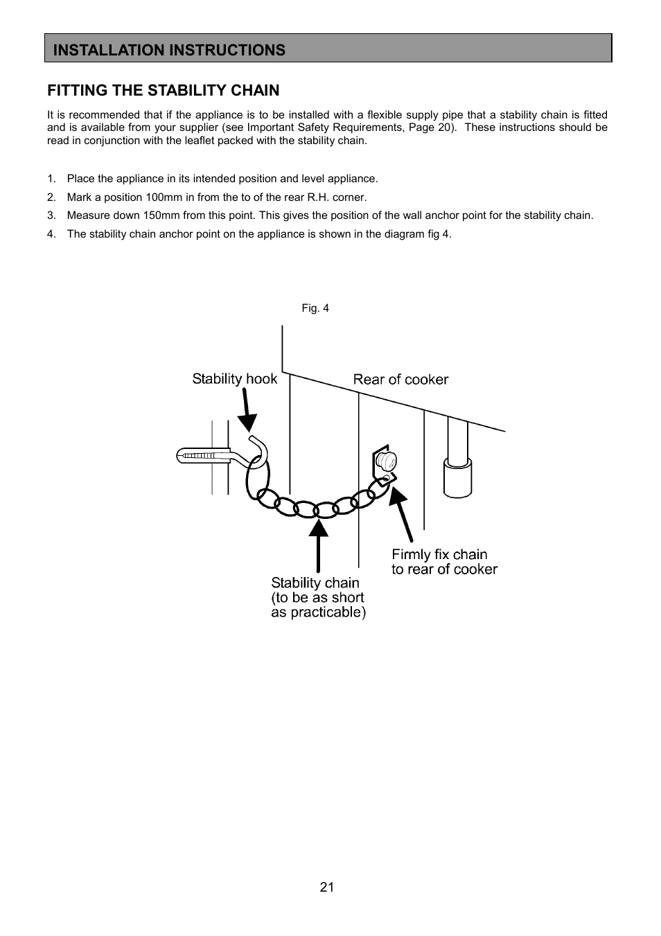 Fitting the stability chain, Installation instructions | Zanussi ZCM 1000X User Manual | Page 21 / 24
