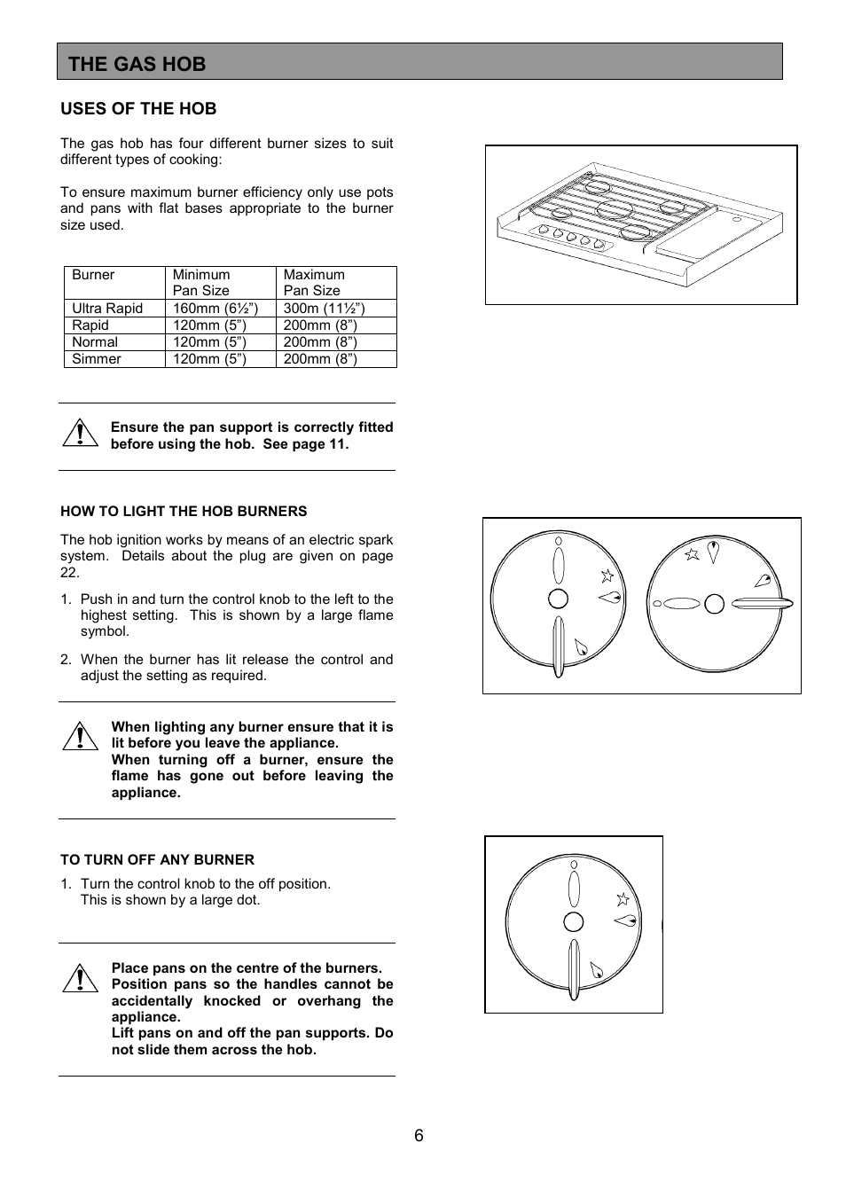 The gas hob, 6uses of the hob | Zanussi ZCM 1000X User Manual | Page 6 / 24