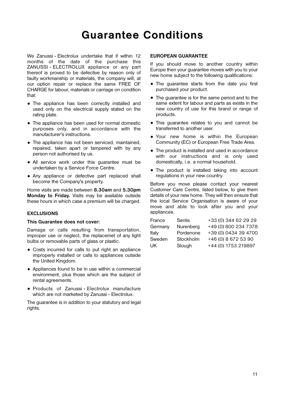 Guar, Guar ant ant ee conditions ee conditions | Zanussi ZEUC 0545 User Manual | Page 11 / 16