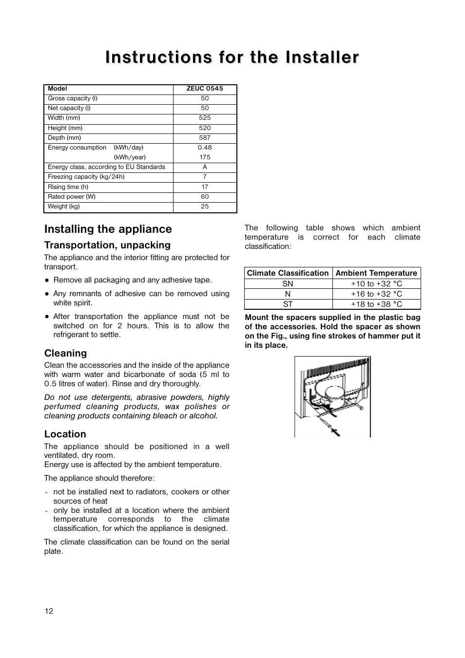 Installing the appliance | Zanussi ZEUC 0545 User Manual | Page 12 / 16