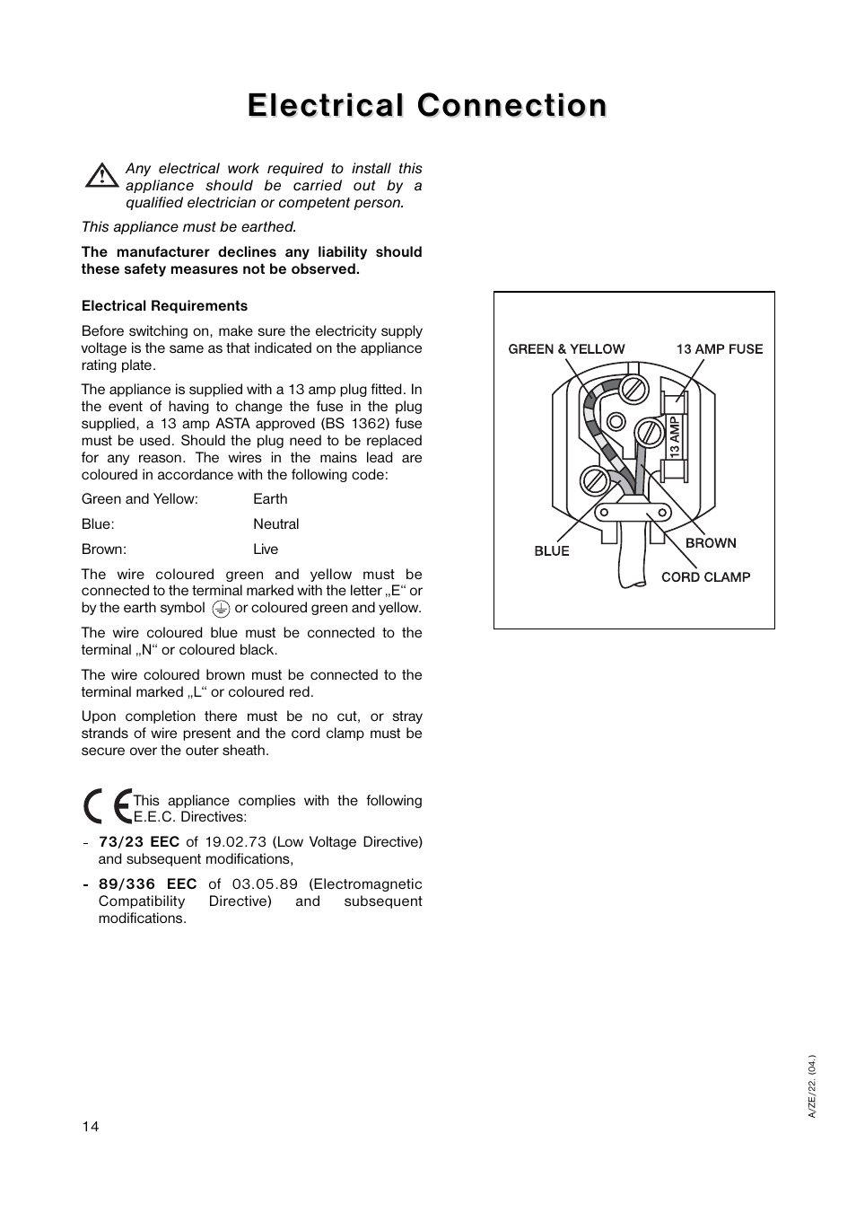 Electrical connection | Zanussi ZEUC 0545 User Manual | Page 14 / 16