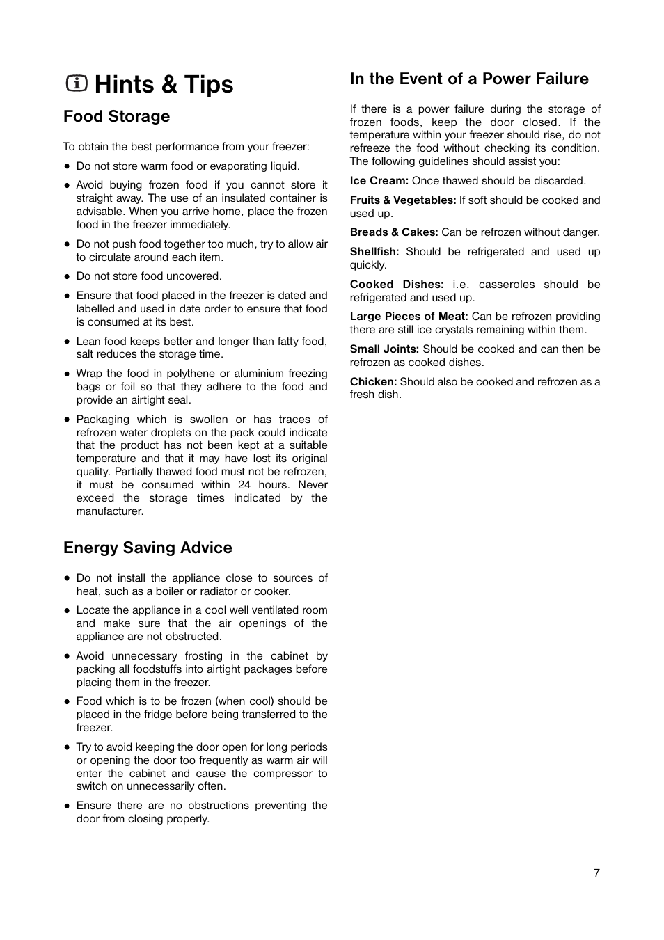Hints & tips, Food storage, Energy saving advice | Zanussi ZEUC 0545 User Manual | Page 7 / 16