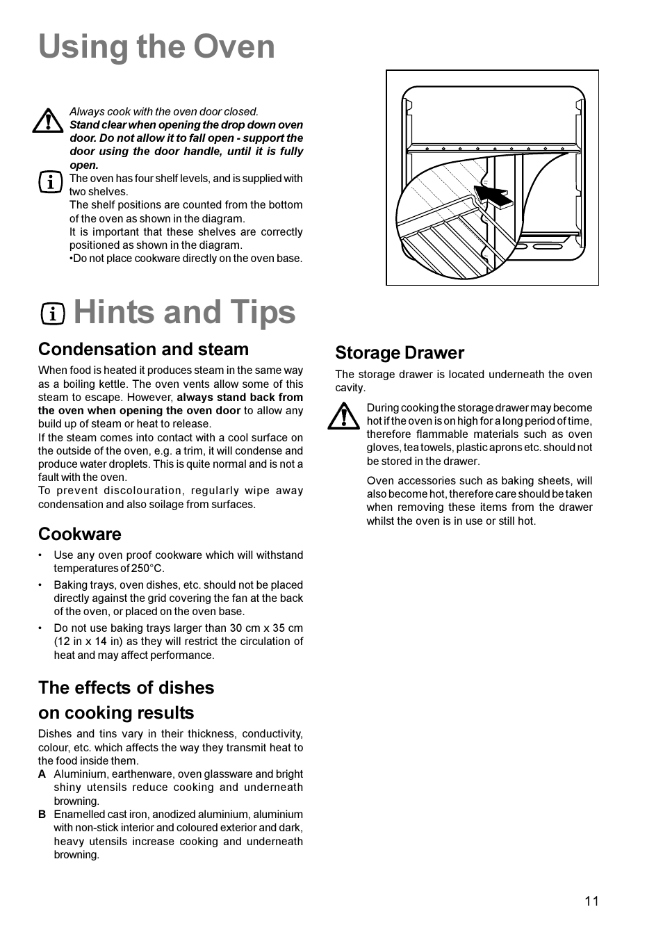 Hints and tips, Using the oven, Condensation and steam | Cookware, The effects of dishes on cooking results, Storage drawer | Zanussi ZCE 611 User Manual | Page 11 / 24