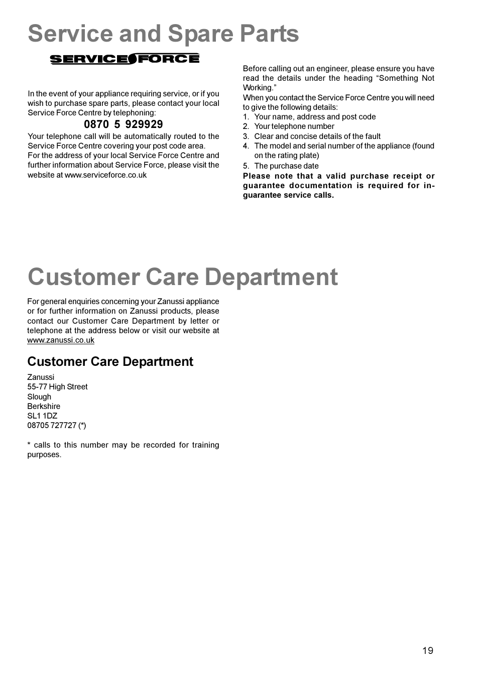 Customer care department service and spare parts, Customer care department | Zanussi ZCE 611 User Manual | Page 19 / 24