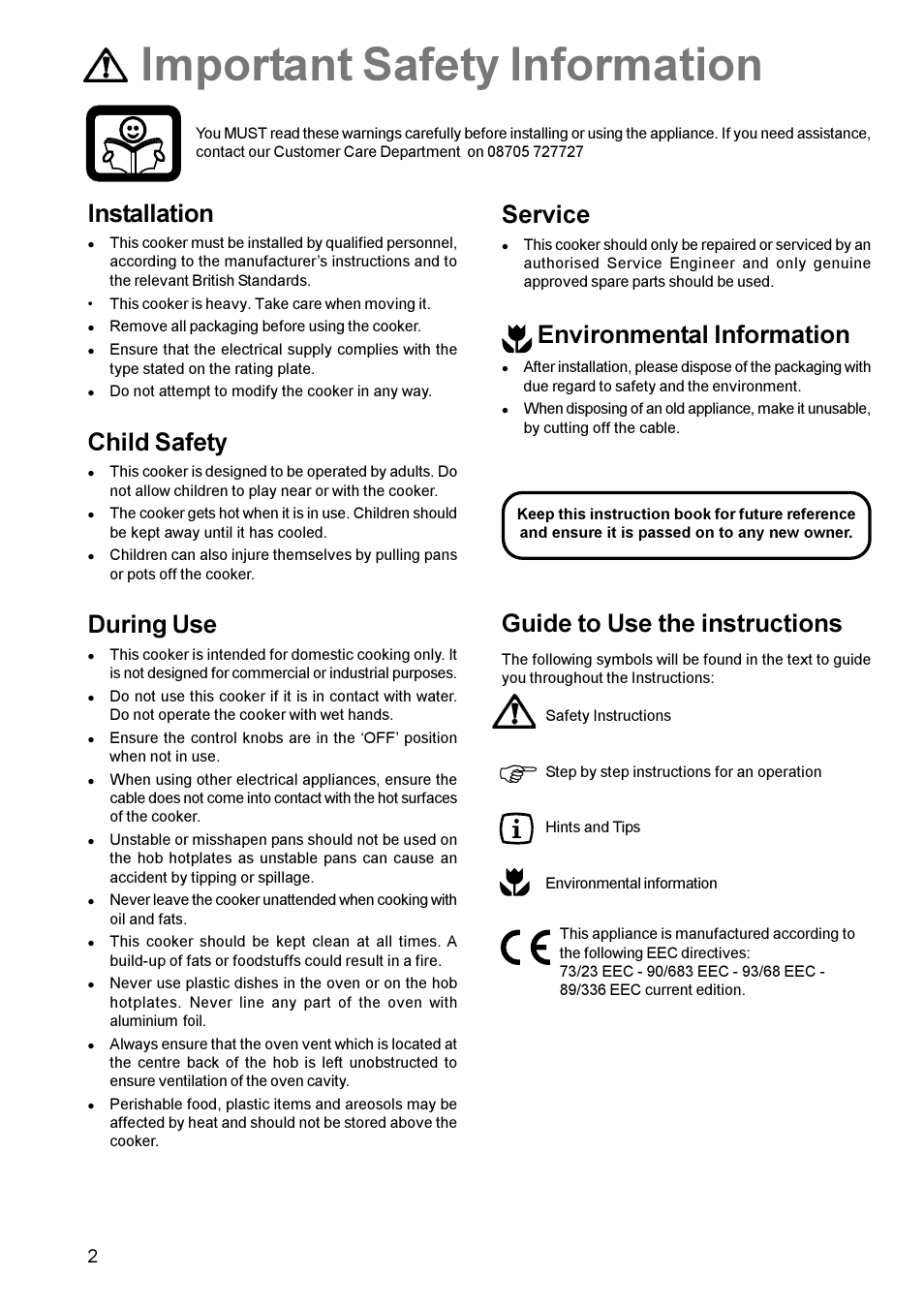 Important safety information, Installation, Child safety | During use, Service, Environmental information, Guide to use the instructions | Zanussi ZCE 611 User Manual | Page 2 / 24