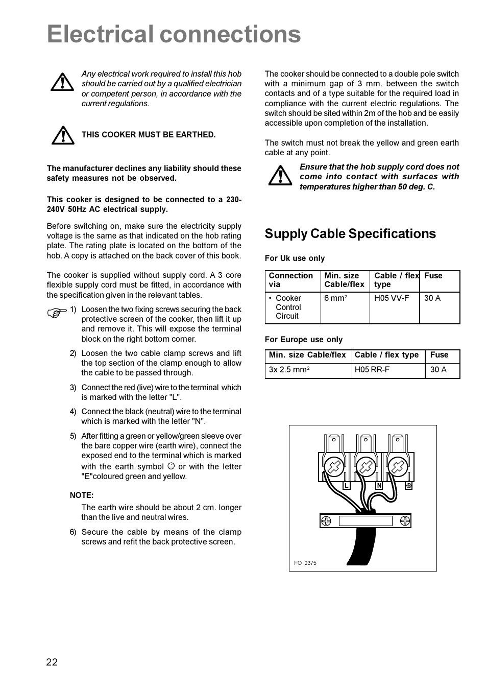 Electrical connections, Supply cable specifications | Zanussi ZCE 611 User Manual | Page 22 / 24