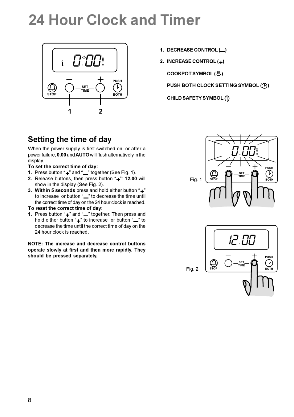 24 hour clock and timer, Setting the time of day | Zanussi ZCE 611 User Manual | Page 8 / 24