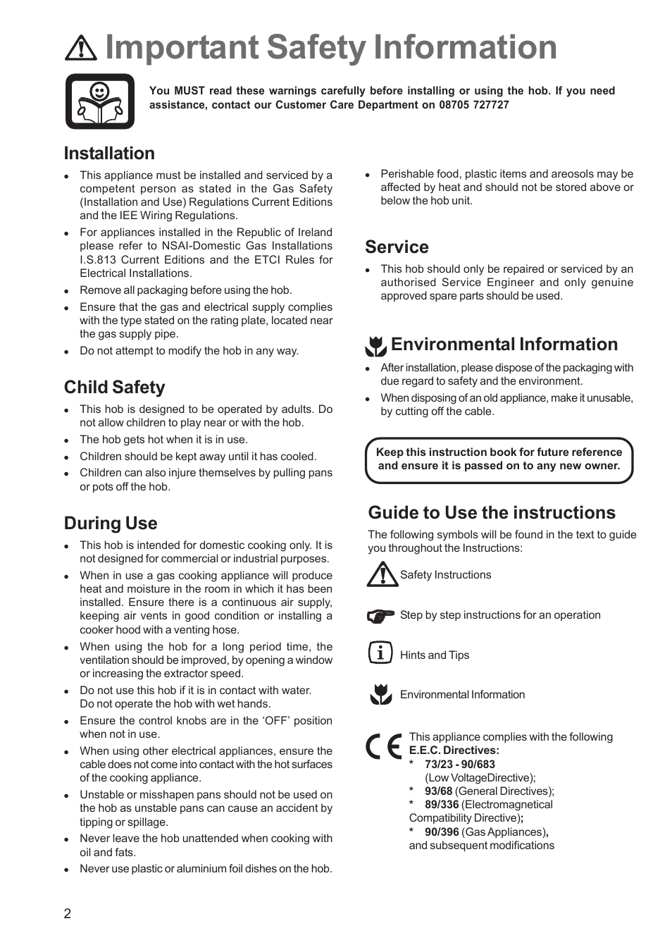 Important safety information, Installation, Child safety | During use, Service, Environmental information, Guide to use the instructions | Zanussi ZGF 7820 User Manual | Page 2 / 16