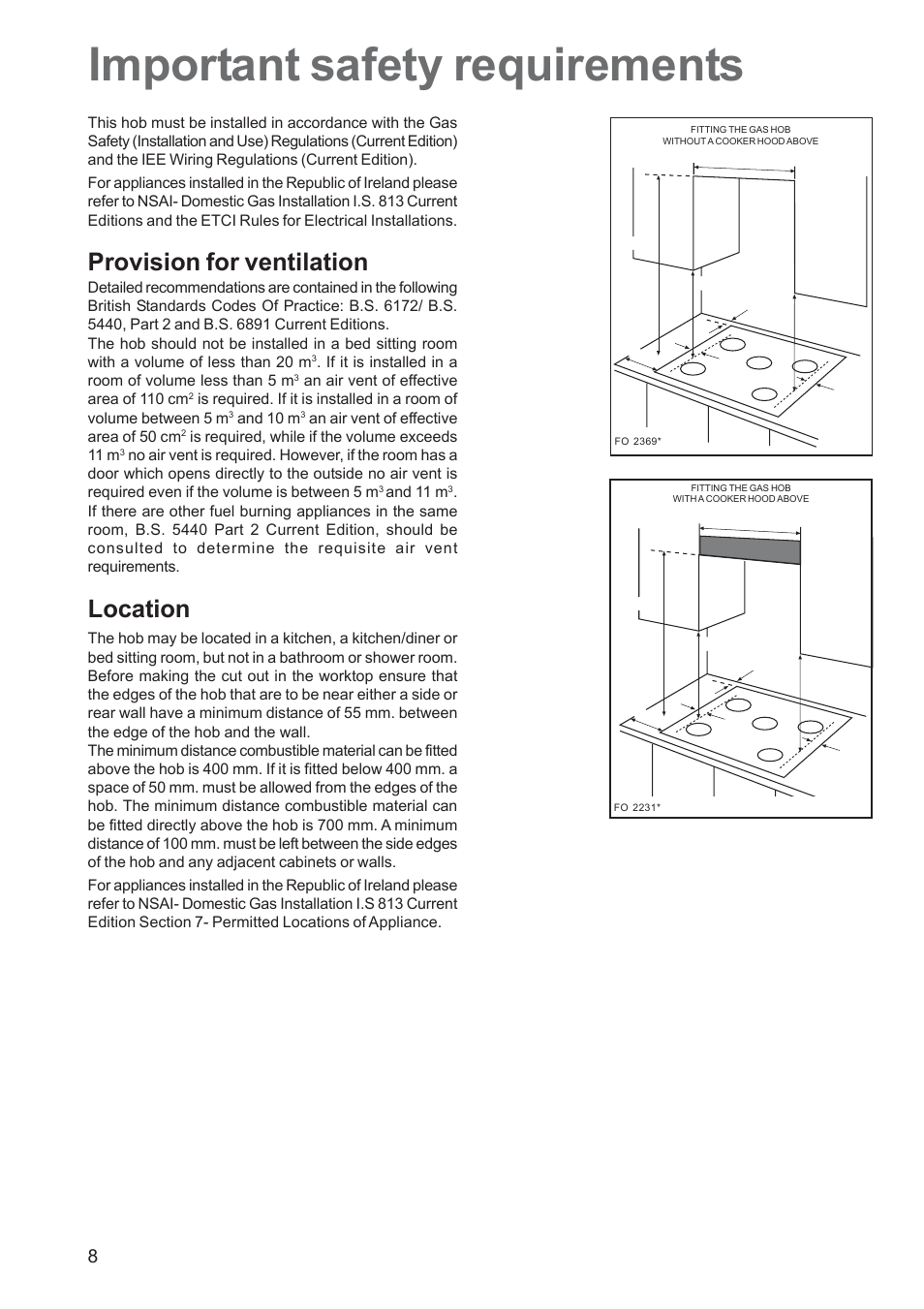 Important safety requirements, Provision for ventilation, Location | Zanussi ZGF 7820 User Manual | Page 8 / 16