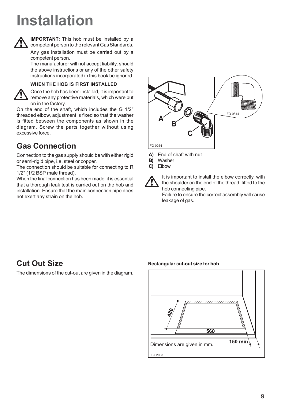 Installation, Gas connection, Cut out size | Zanussi ZGF 7820 User Manual | Page 9 / 16