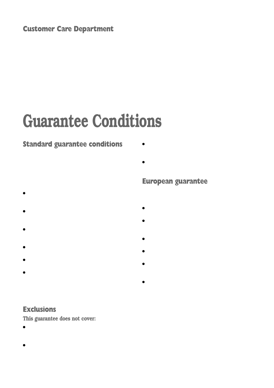 Guarantee conditions, Standard guarantee conditions, Exclusions | European guarantee, Customer care department | Zanussi ZWV 1651S User Manual | Page 26 / 32