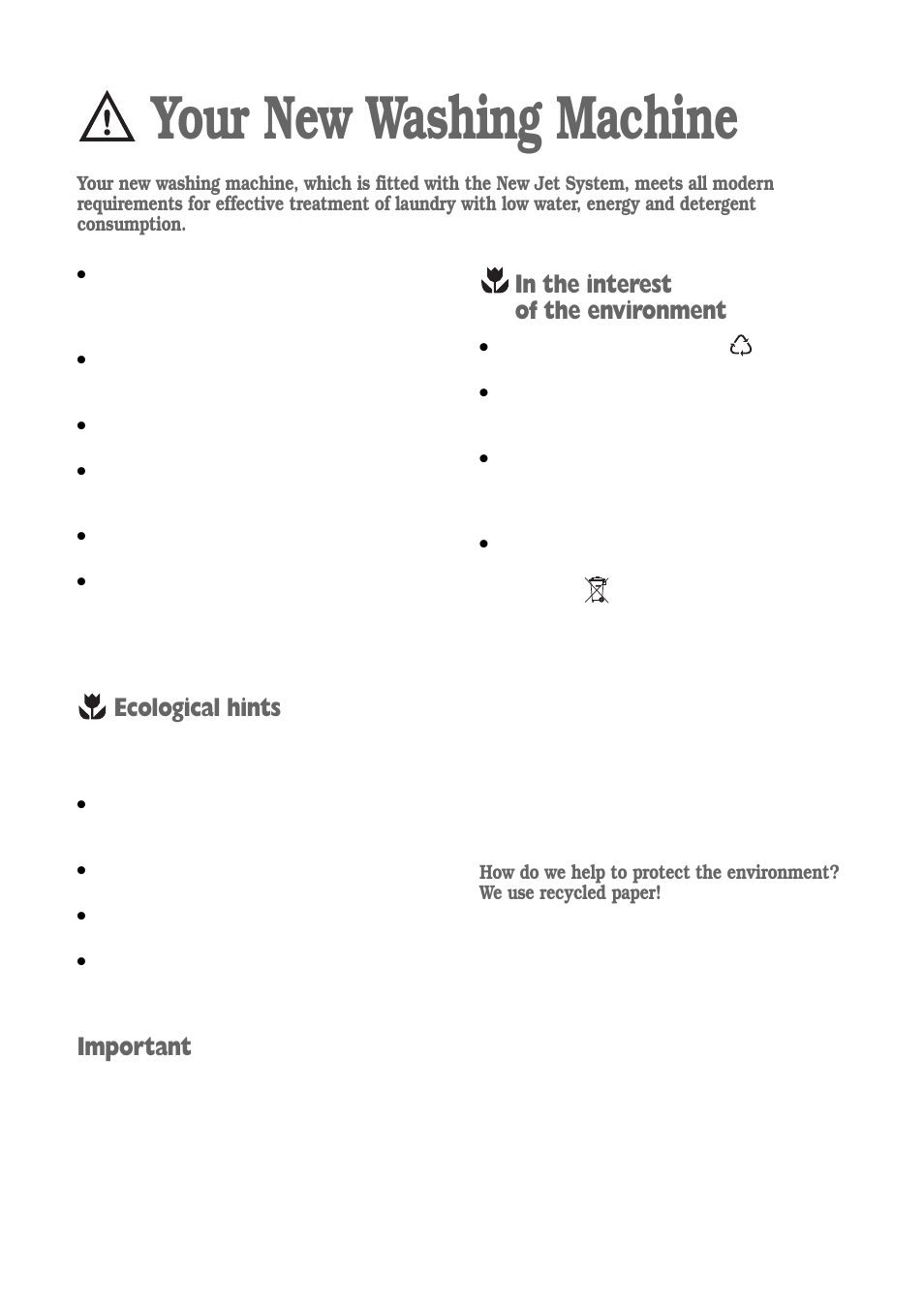 Your new washing machine, Ecological hints, Important | Zanussi ZWV 1651S User Manual | Page 4 / 32