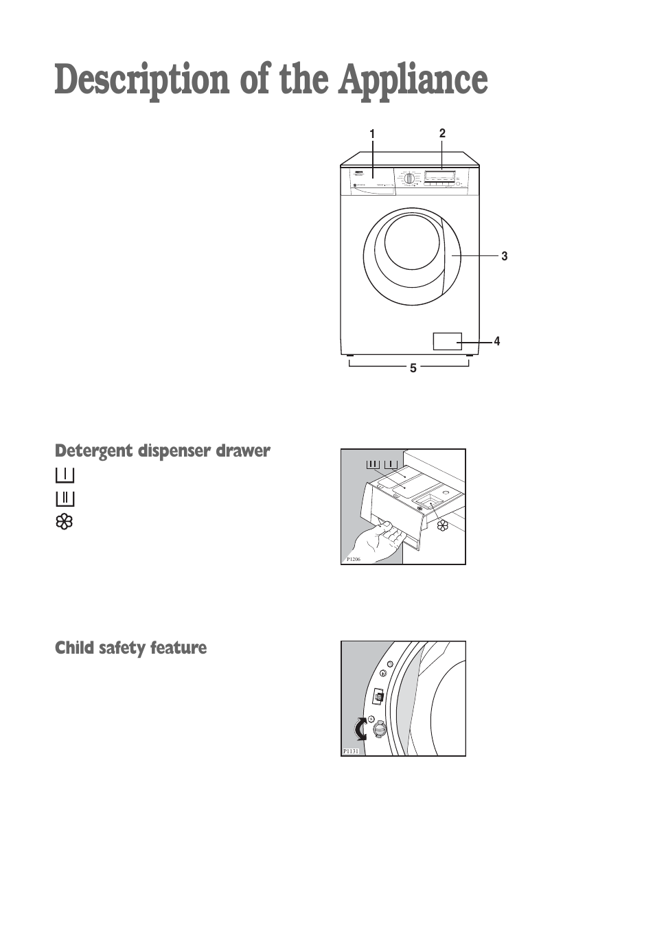 Description of the appliance, Detergent dispenser drawer, Child safety feature | Zanussi ZWV 1651S User Manual | Page 5 / 32