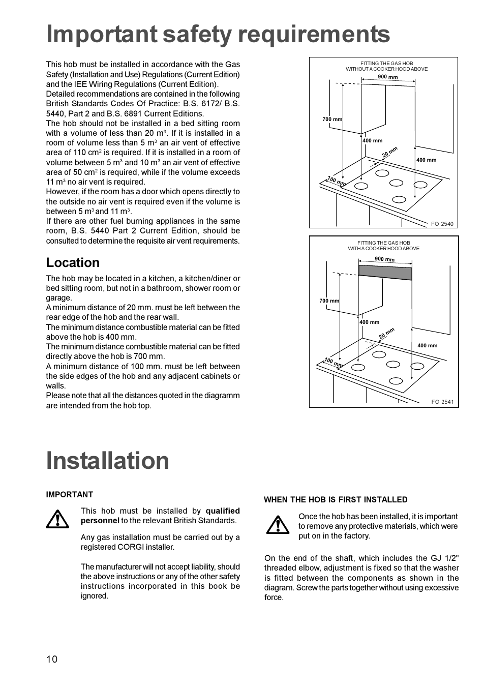 Important safety requirements, Installation, Location | Zanussi ZGP 982 User Manual | Page 10 / 16