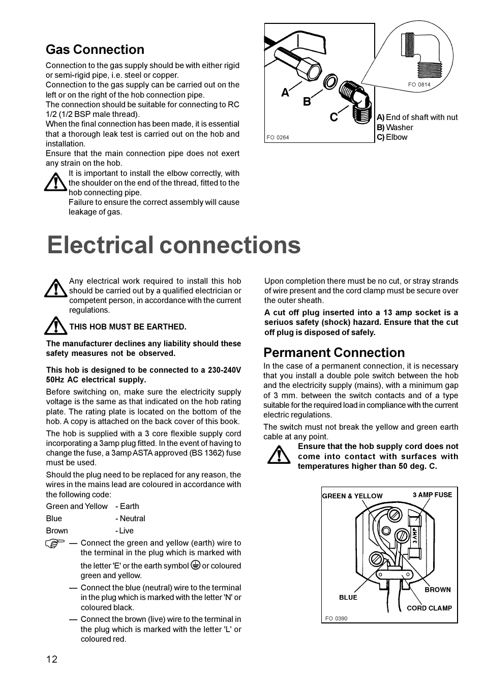 Felectrical connections, Gas connection, Permanent connection | Zanussi ZGP 982 User Manual | Page 12 / 16