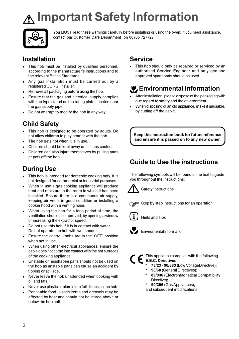 Fimportant safety information, Guide to use the instructions, Installation | Child safety, During use, Service, Environmental information | Zanussi ZGP 982 User Manual | Page 2 / 16