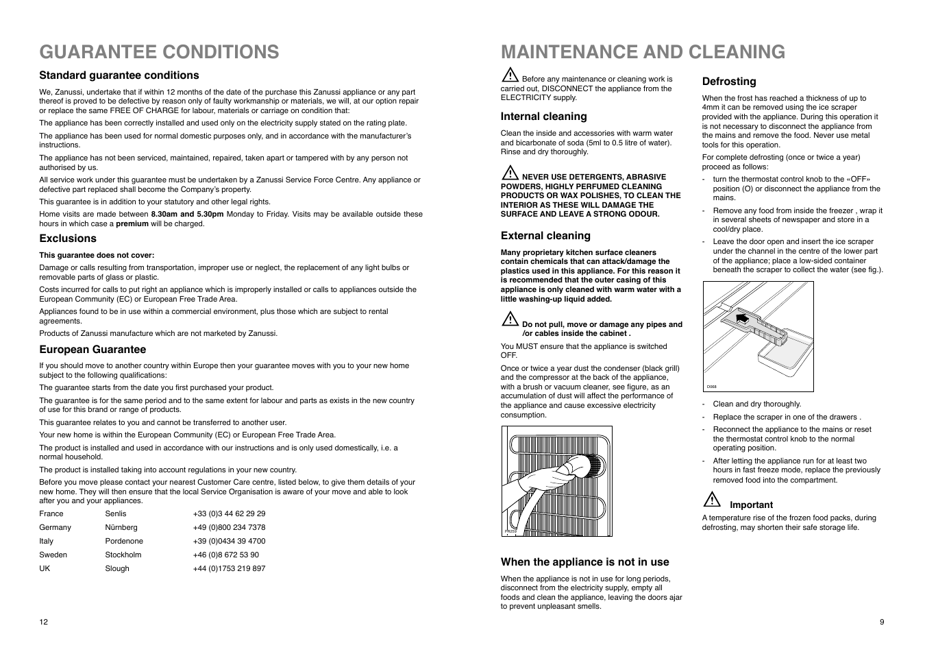 Maintenance and cleaning, Guarantee conditions | Zanussi ZFA 96 W User Manual | Page 12 / 20