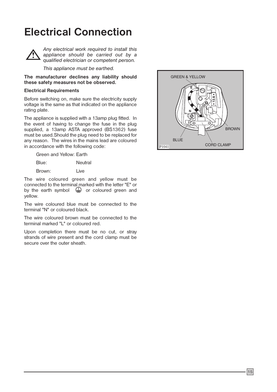 Electrical connection | Zanussi ZCF 78 A User Manual | Page 15 / 16