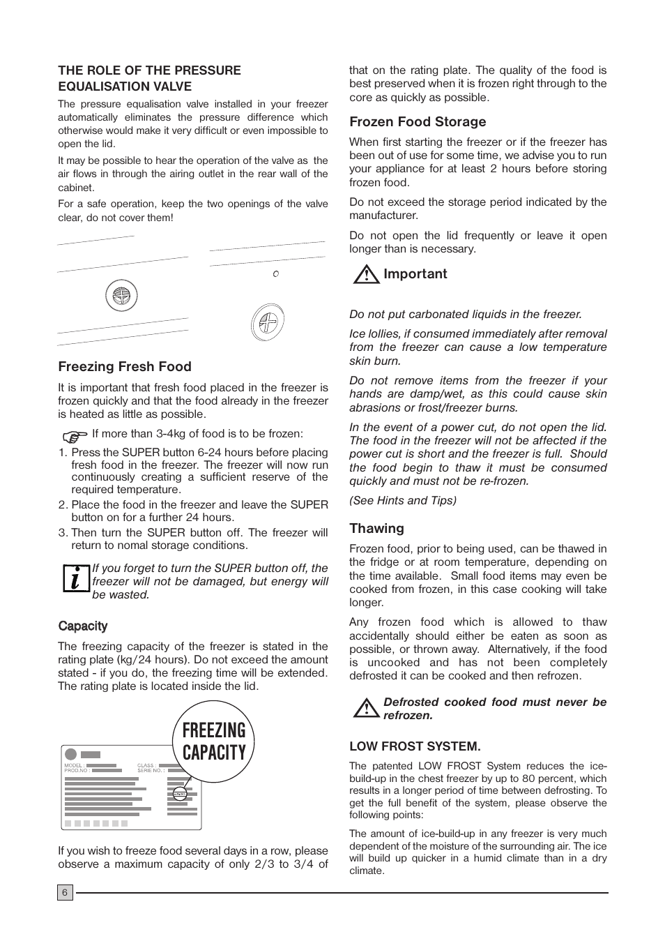 Freezing capacity | Zanussi ZCF 78 A User Manual | Page 6 / 16