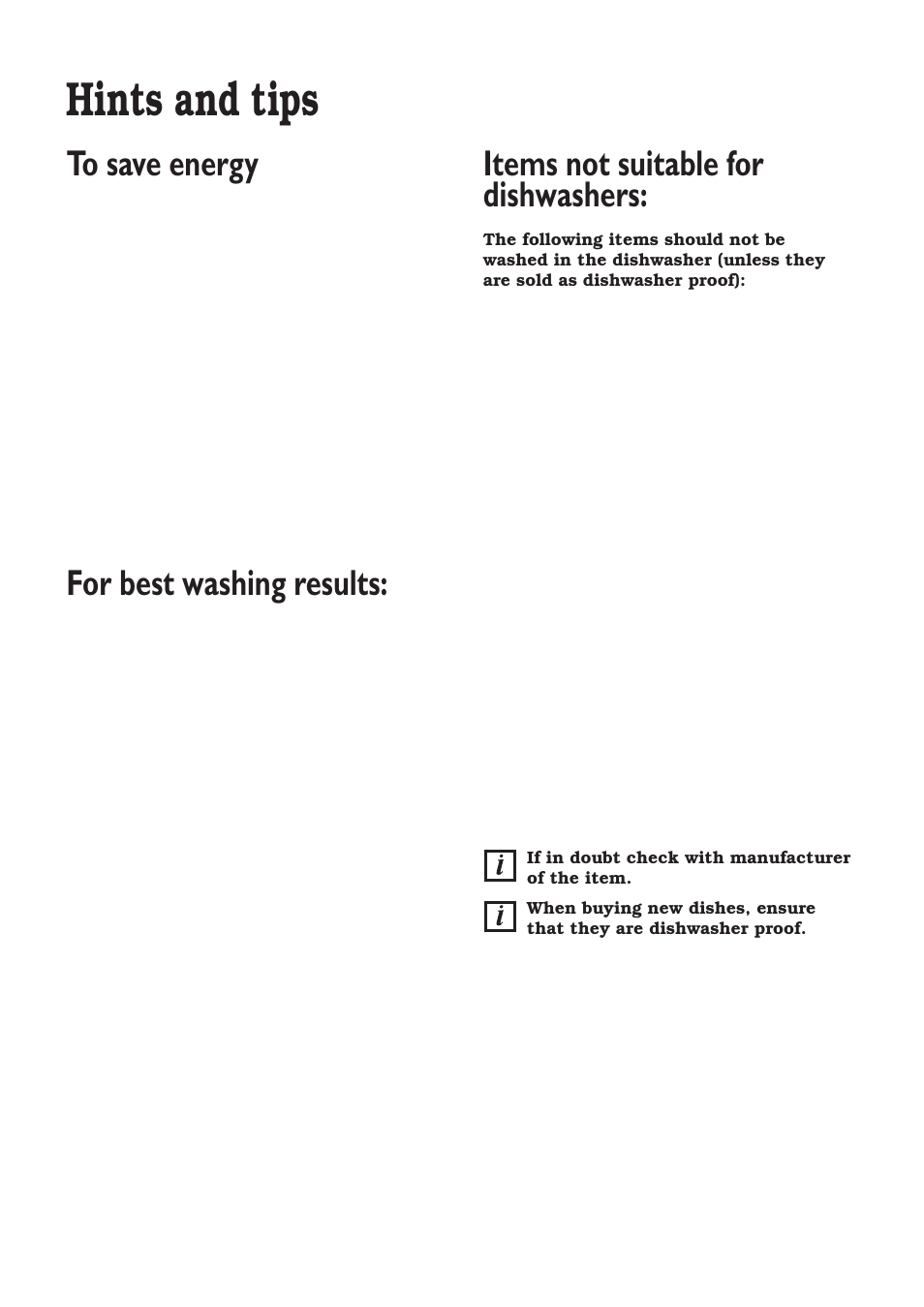 Hints and tips, For best washing results, Items not suitable for dishwashers | Zanussi ZT 6810 User Manual | Page 15 / 32