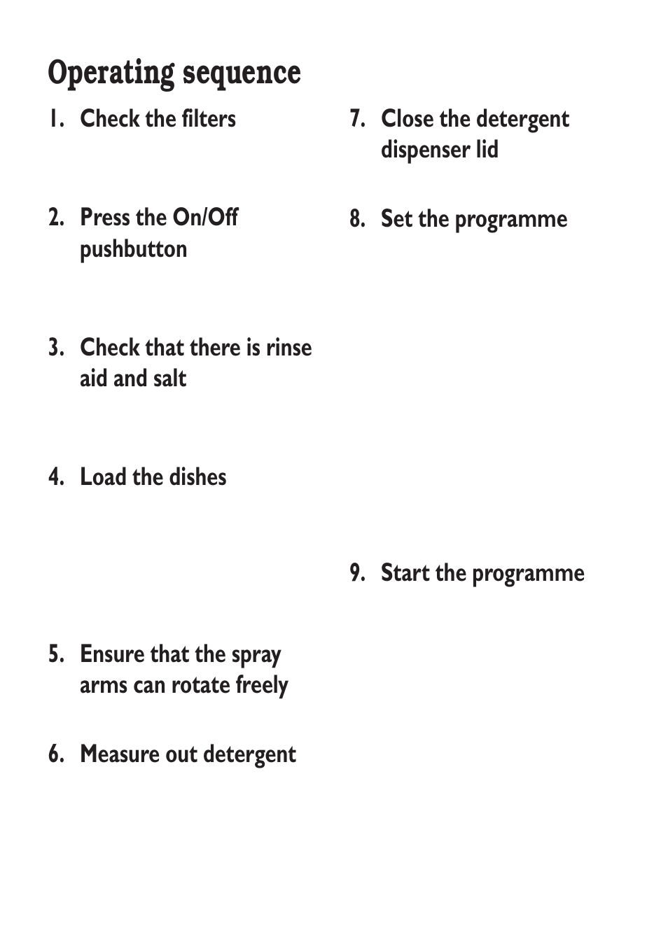 Operating sequence, Check the filters, Press the on/off pushbutton | Check that there is rinse aid and salt, Load the dishes, Start the programme | Zanussi ZT 6810 User Manual | Page 17 / 32