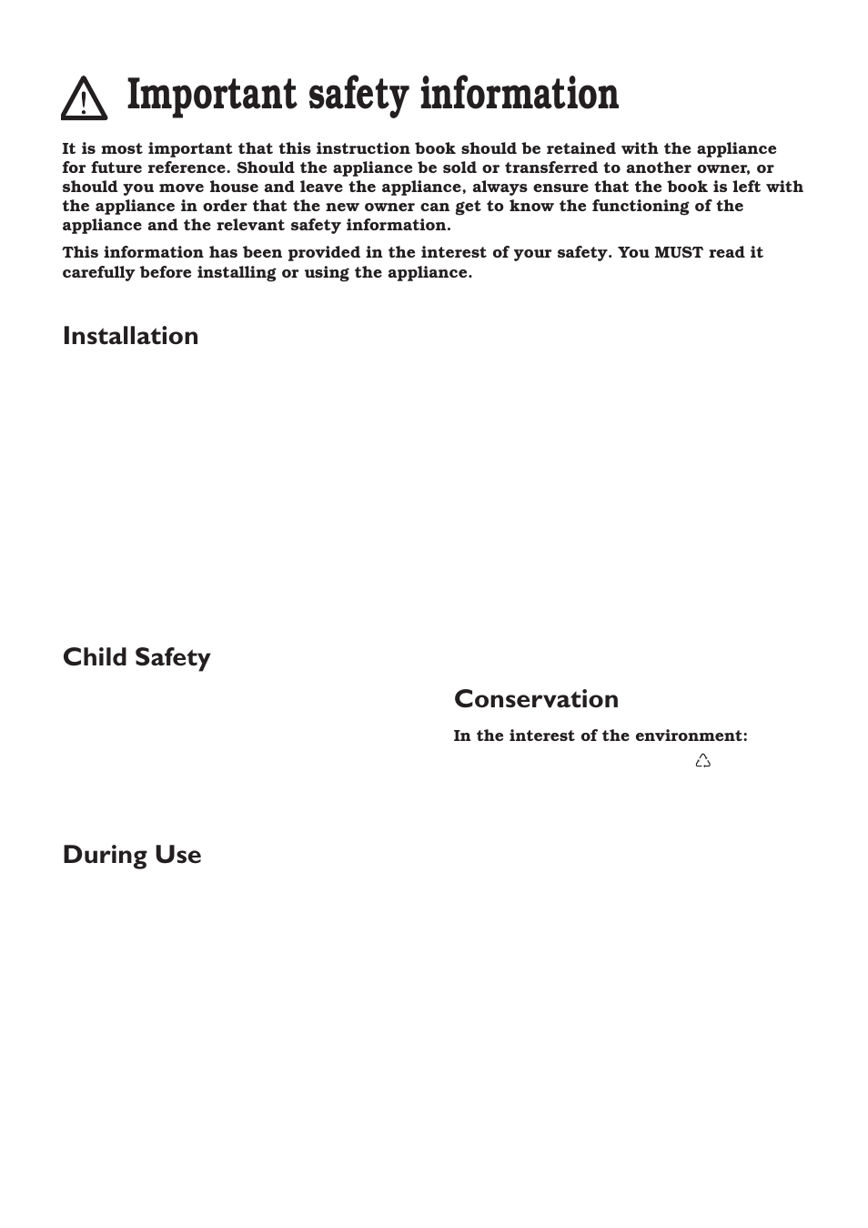 Important safety information, Installation, Child safety | During use, Conservation | Zanussi ZT 6810 User Manual | Page 3 / 32