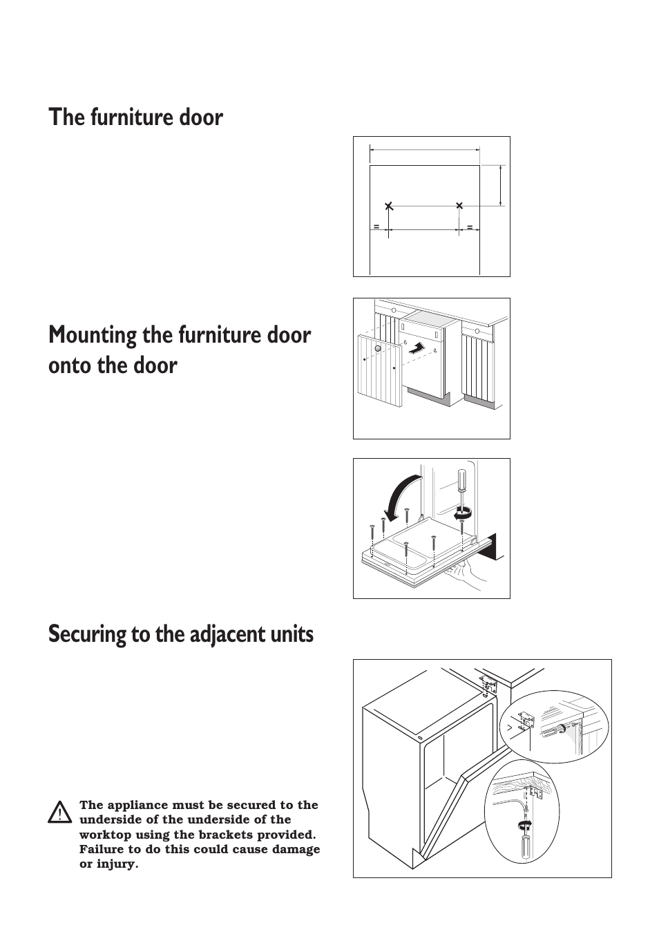 The furniture door, Mounting the furniture door onto the door, Securing to the adjacent units | Zanussi ZT 6810 User Manual | Page 30 / 32