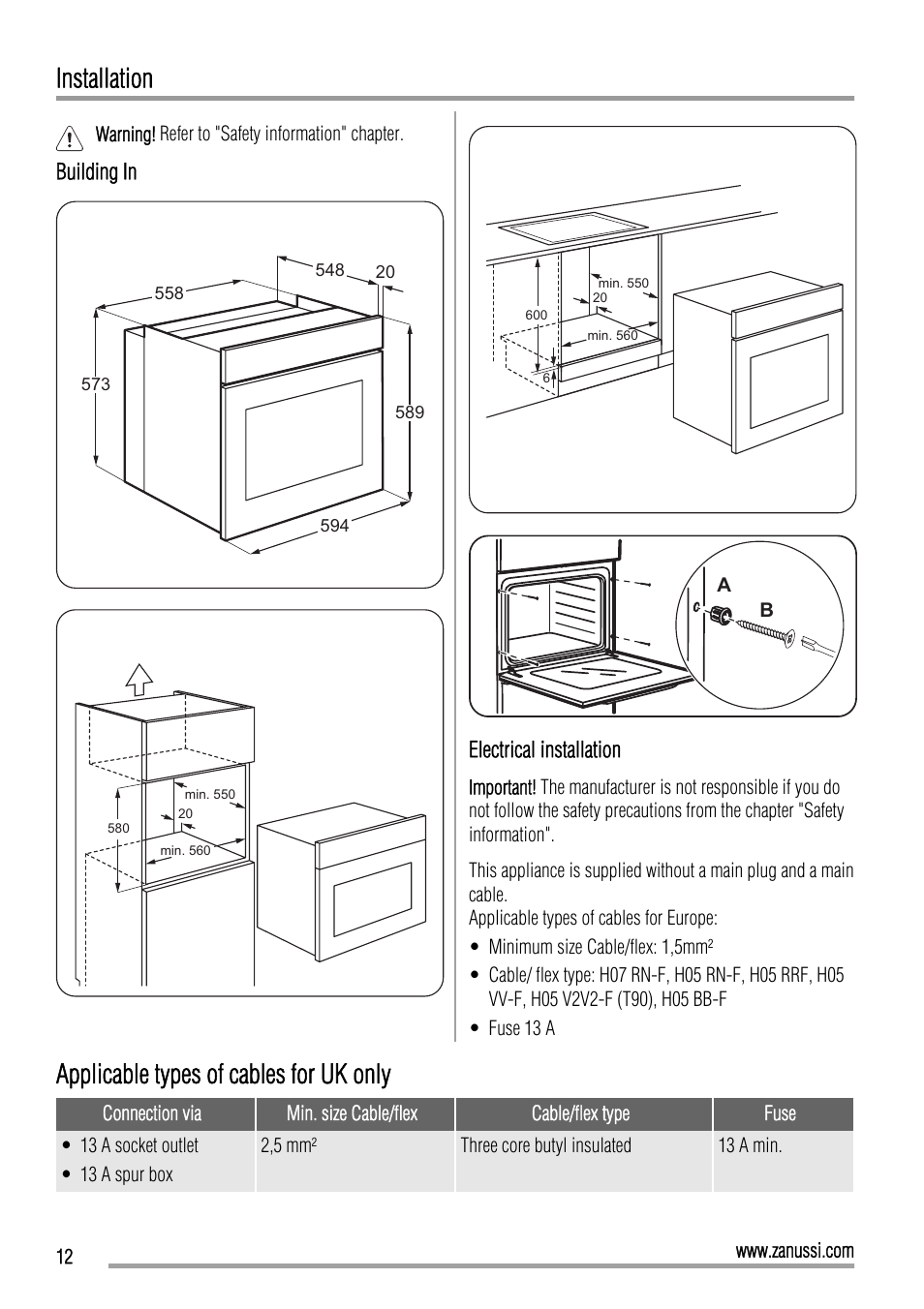 Installation, Applicable types of cables for uk only | Zanussi ZOB10501 User Manual | Page 12 / 16