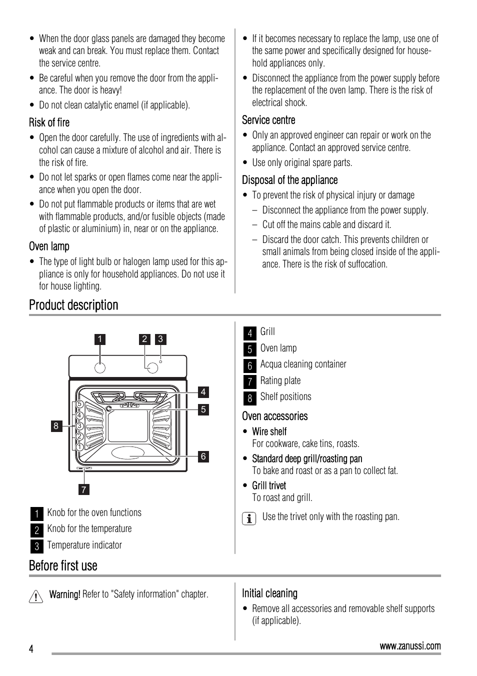 Product description, Before first use | Zanussi ZOB10501 User Manual | Page 4 / 16