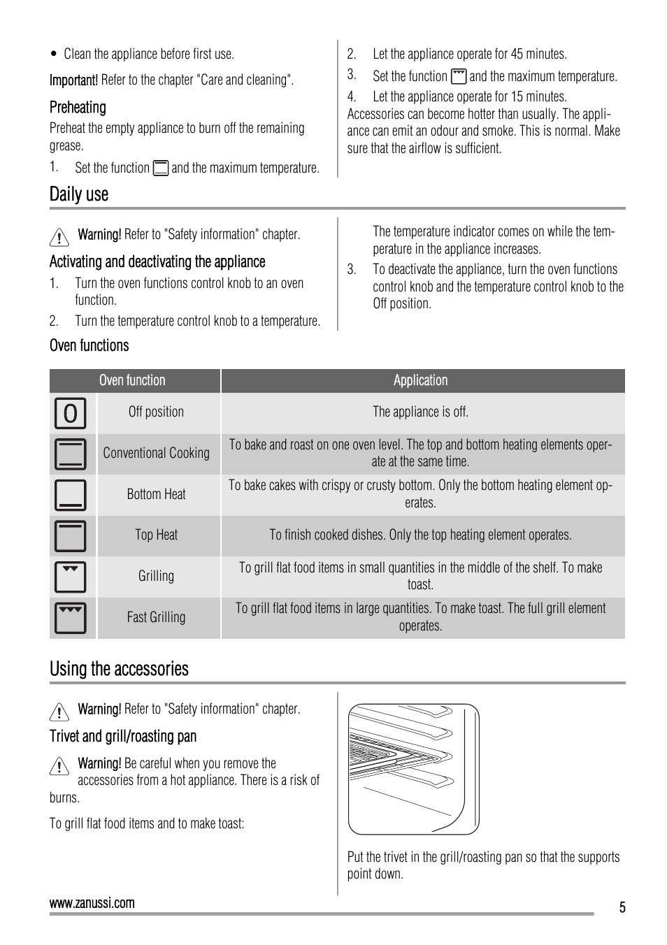 Daily use, Using the accessories | Zanussi ZOB10501 User Manual | Page 5 / 16