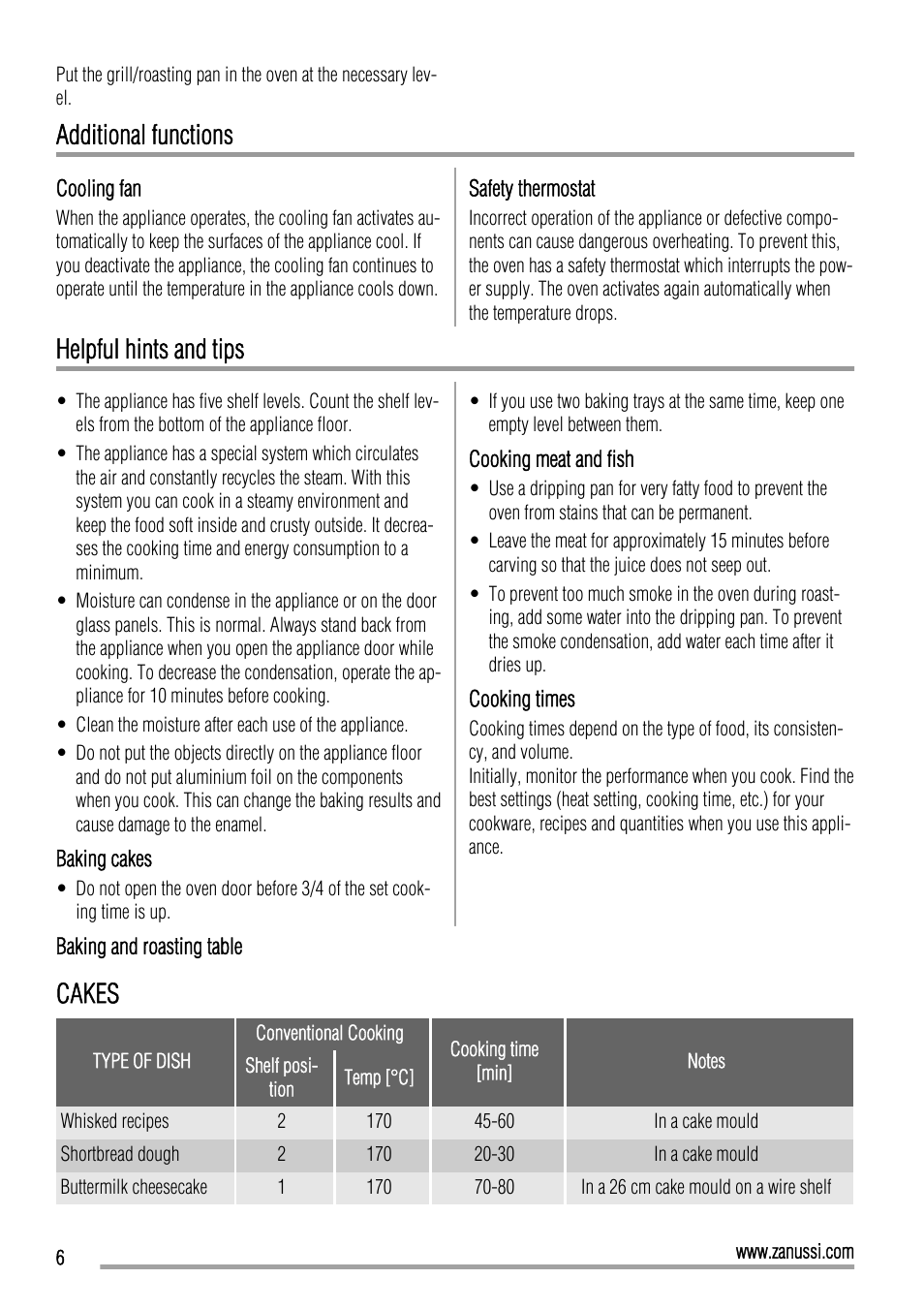 Additional functions, Helpful hints and tips, Cakes | Zanussi ZOB10501 User Manual | Page 6 / 16