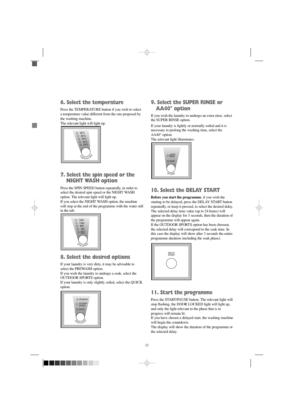 Select the temperature, Select the spin speed or the night wash option, Select the desired options | Select the super rinse or aa40° option, Select the delay start, Start the programme | Zanussi FJD 1266 W User Manual | Page 11 / 27