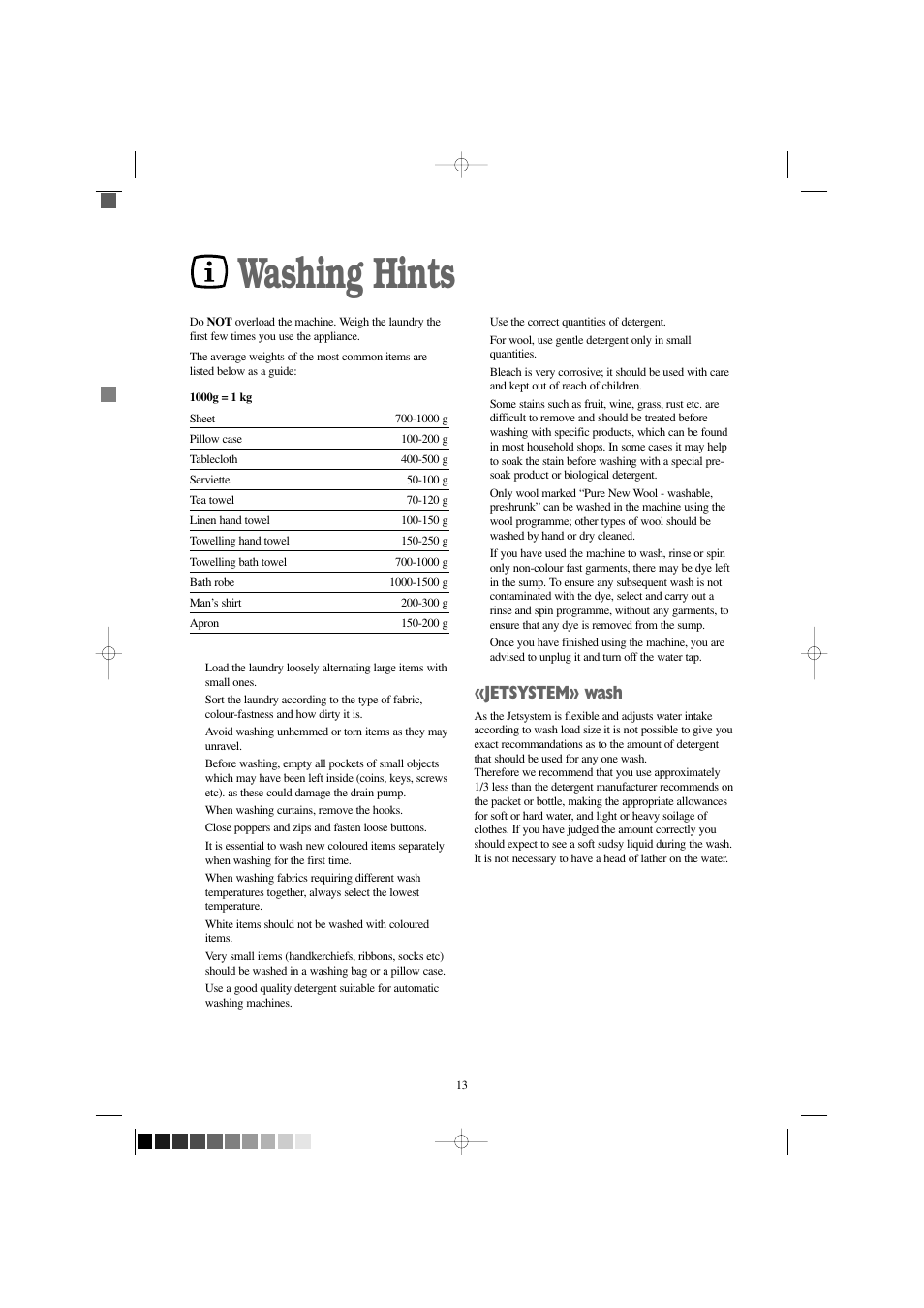 Washing hints, Jetsystem» wash | Zanussi FJD 1266 W User Manual | Page 13 / 27