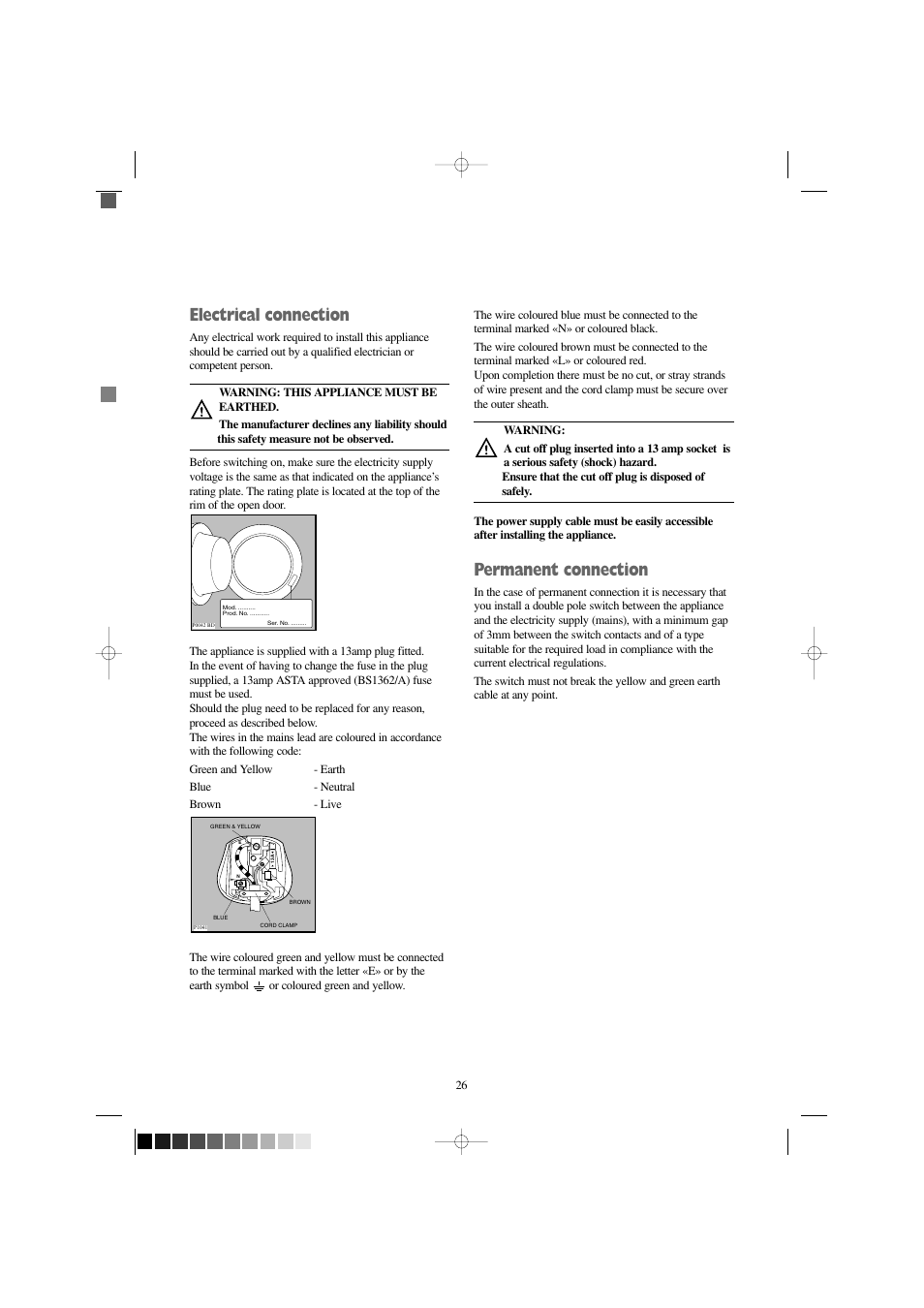 Electrical connection, Permanent connection | Zanussi FJD 1266 W User Manual | Page 26 / 27