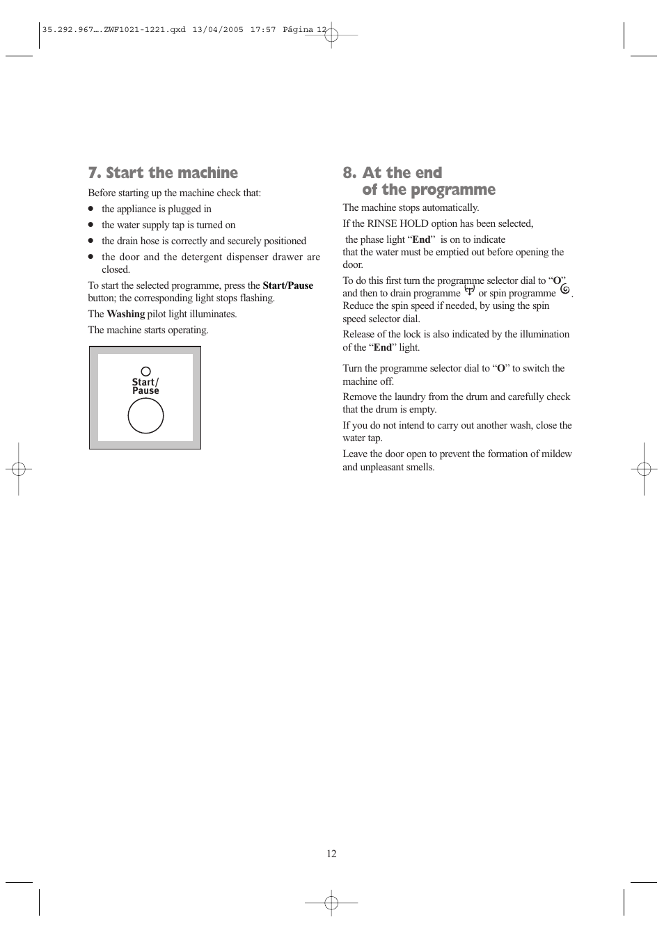 Start the machine, At the end of the programme | Zanussi ZWF 1021 W User Manual | Page 12 / 28