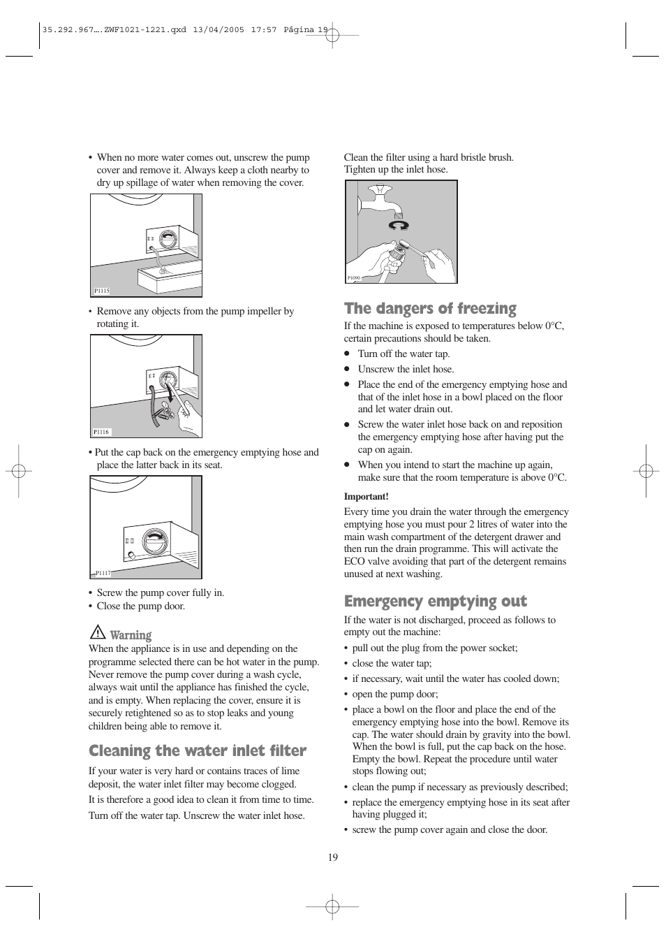 Cleaning the water inlet filter, The dangers of freezing, Emergency emptying out | Warning | Zanussi ZWF 1021 W User Manual | Page 19 / 28