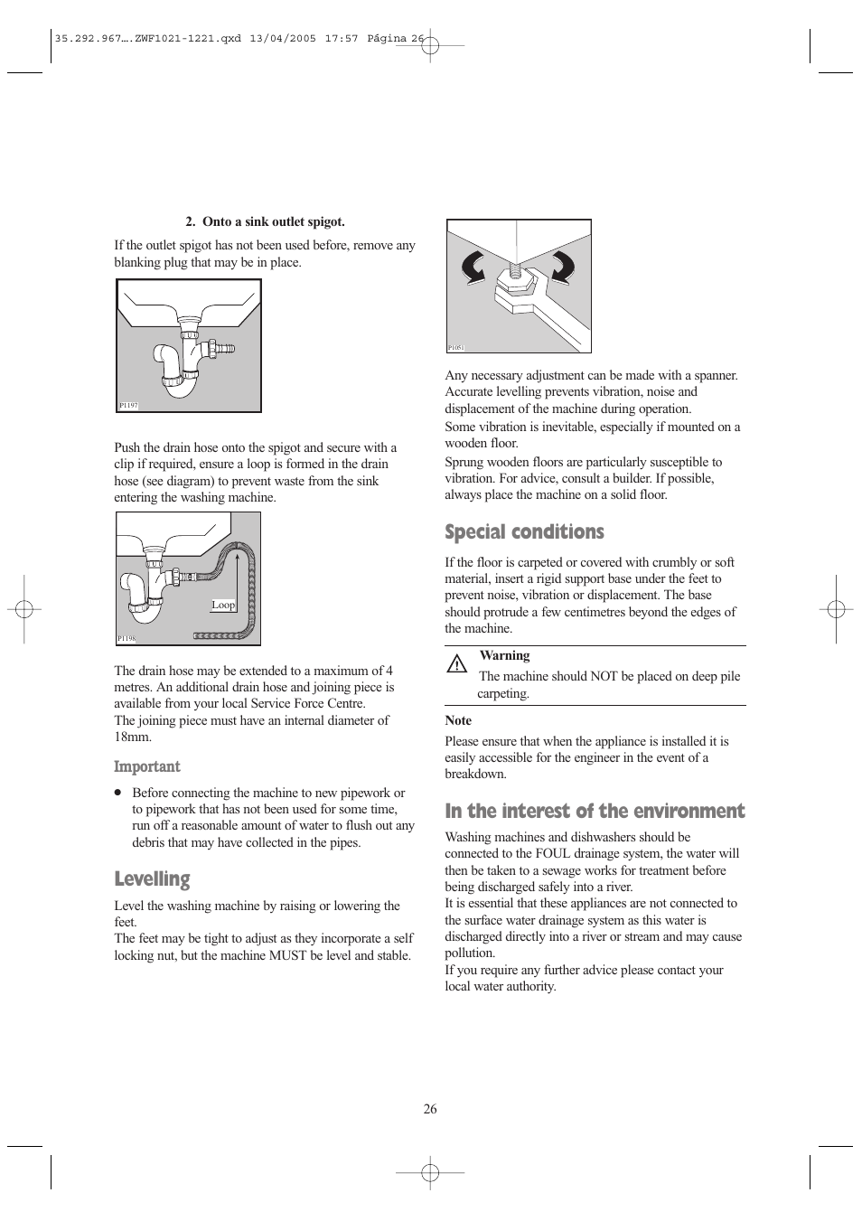 Levelling, Special conditions | Zanussi ZWF 1021 W User Manual | Page 26 / 28