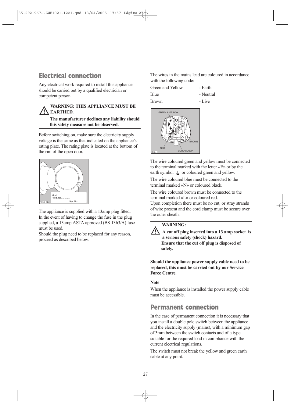 Electrical connection, Permanent connection | Zanussi ZWF 1021 W User Manual | Page 27 / 28